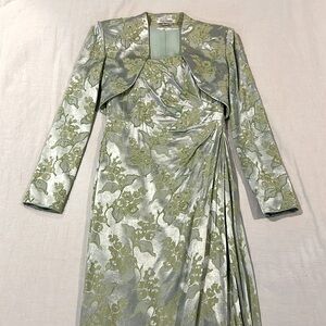 KAY UNGER 2pc GOWN + BOLERO Jacket Satin Celery Strapless Bead Floral Wedding 🎩
